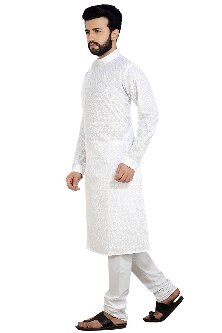 White Stylish And Fancy Chikkankari Kurta Pyjama Set