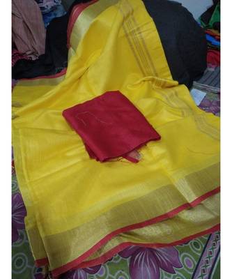 Yellow Woven Cotton Handloom Sarees With Blouse 1
