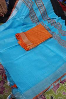 Blue Woven Cotton Handloom Sarees With Blouse