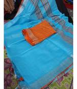 Blue Woven Cotton Handloom Sarees With Blouse