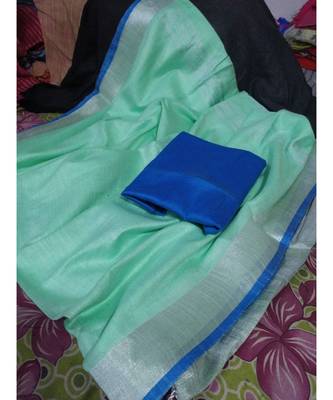 Turquoise Woven Cotton Handloom Sarees With Blouse 1