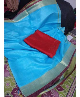 Blue Woven Cotton Handloom Sarees With Blouse 1