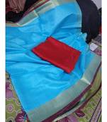Blue Woven Cotton Handloom Sarees With Blouse