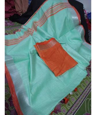 Turquoise Woven Cotton Handloom Sarees With Blouse 1