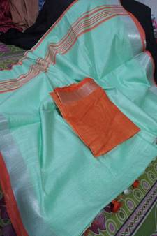 Turquoise Woven Cotton Handloom Sarees With Blouse