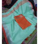 Turquoise Woven Cotton Handloom Sarees With Blouse