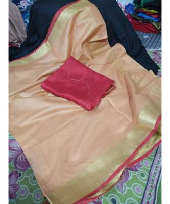Peach Woven Cotton Handloom Sarees With Blouse 1