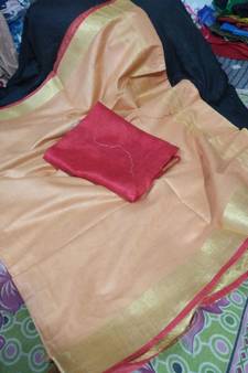 Peach Woven Cotton Handloom Sarees With Blouse