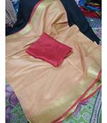 Peach Woven Cotton Handloom Sarees With Blouse