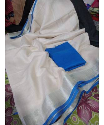 White Woven Cotton Handloom Sarees With Blouse 1