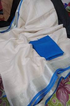 White Woven Cotton Handloom Sarees With Blouse