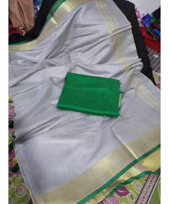 Grey Woven Cotton Handloom Sarees With Blouse 1