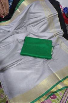 Grey Woven Cotton Handloom Sarees With Blouse