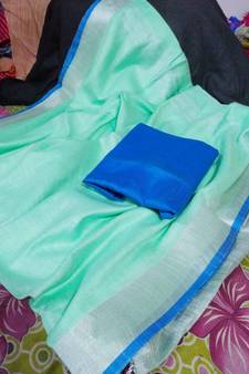 Turquoise Woven Cotton Handloom Sarees With Blouse