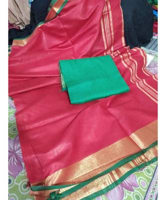 Red Woven Cotton Handloom Sarees With Blouse 1