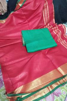 Red Woven Cotton Handloom Sarees With Blouse