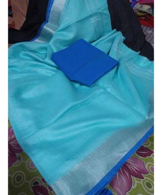 Blue Woven Cotton Handloom Sarees With Blouse 1