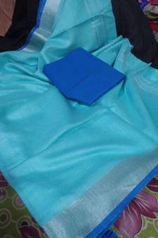 Blue Woven Cotton Handloom Sarees With Blouse