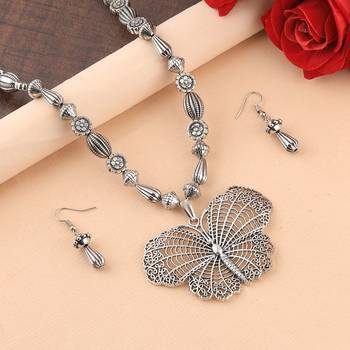 Silver Oxidised Designer Butterfly Pandent Stylish Mala For Women Girl 1