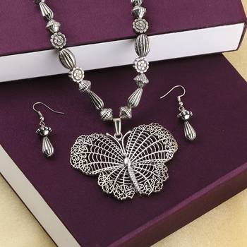 Silver Oxidised Designer Butterfly Pandent Stylish Mala For Women Girl 2