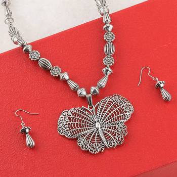 Silver Oxidised Designer Butterfly Pandent Stylish Mala For Women Girl 3