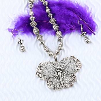 Silver Oxidised Designer Butterfly Pandent Stylish Mala For Women Girl 4