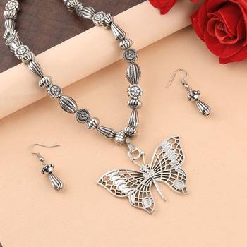 Silver Oxidised Designer Butterfly Pandent Fancy Mala For Women Girl 1