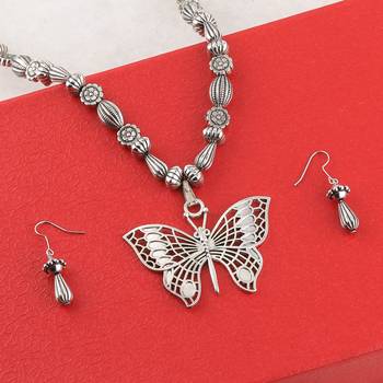 Silver Oxidised Designer Butterfly Pandent Fancy Mala For Women Girl 3