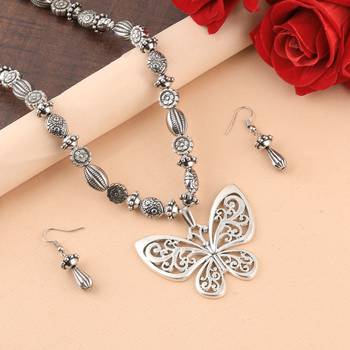 Silver Oxidised Designer Butterfly Pandent Stylish Mala For Women Girl 1