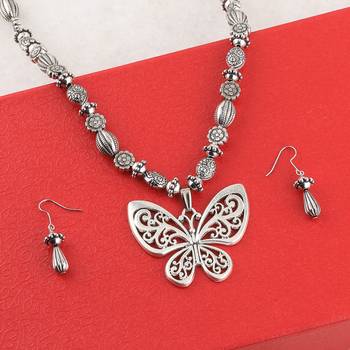 Silver Oxidised Designer Butterfly Pandent Stylish Mala For Women Girl 3