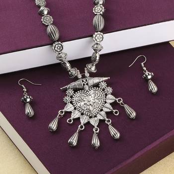 Silver Oxidised Party Wear Heart Shape Pandent Stylish Mala For Women Girl 2
