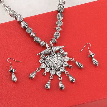 Silver Oxidised Party Wear Heart Shape Pandent Stylish Mala For Women Girl 3