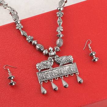 Silver Oxidised Stylish Peacock Pandent Mala Set For Women Girl 3