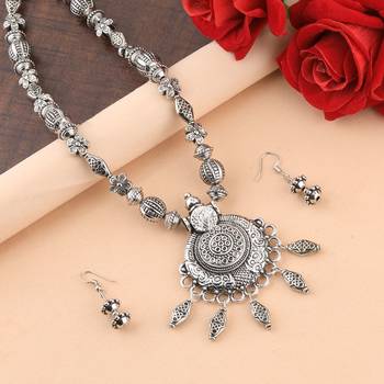 Silver Oxidised Attractive Pandent Mala Set For Women Girl 1