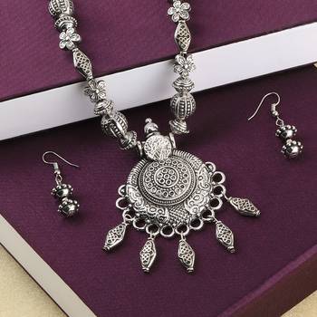 Silver Oxidised Attractive Pandent Mala Set For Women Girl 2