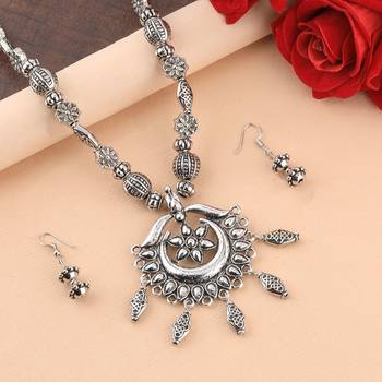 Charm Silver Oxidised Pendant Designer Mala Set Jewellery For Women Girl 1