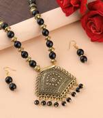 Charm Gold Oxidised Pendant Black Pearl Mala Set For Women Girl