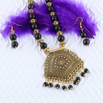 Charm Gold Oxidised Pendant Black Pearl Mala Set For Women Girl 4