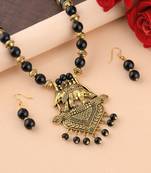 Traditional Designer Gold Oxidised Pendant Black Pearl Mala Set For Women Girl