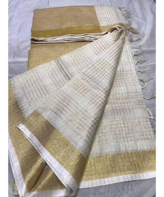 White Woven Linen Handloom Saree With Blouses 1