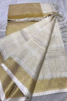 White Woven Linen Handloom Saree With Blouses