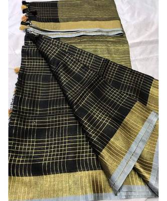 Black Woven Linen Handloom Saree With Blouses 1