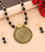 Traditional Designer Gold Oxidised Big Pendant Black Pearl Mala Set For Women Girl