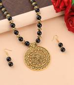 Stylish Designer Gold Oxidised Big Pendant Black Pearl Mala Set For Women Girl
