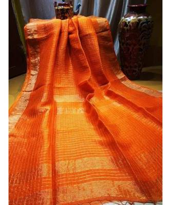 Orange Woven Linen Handloom Saree With Blouses 1