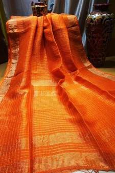Orange Woven Linen Handloom Saree With Blouses