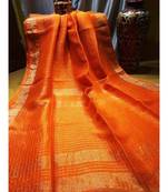 Orange Woven Linen Handloom Saree With Blouses