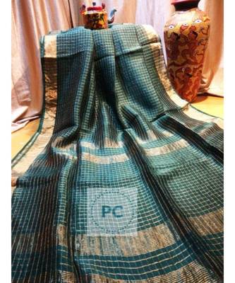 Green Woven Linen Handloom Saree With Blouses 1