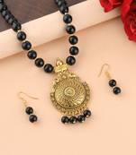 Party Wear Designer Gold Oxidised Pendant Black Pearl Mala Set For Women Girl