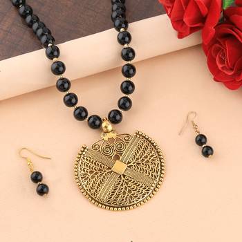 Designer Fancy Look Gold Oxidised Pendant Black Pearl Mala Set For Women Girl 1